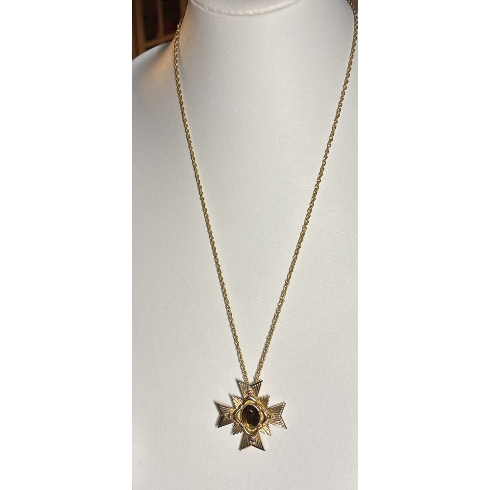 Vtg Avon Allegro Maltese Cross Necklace Amber Glass Purple Rhinestones Brooch